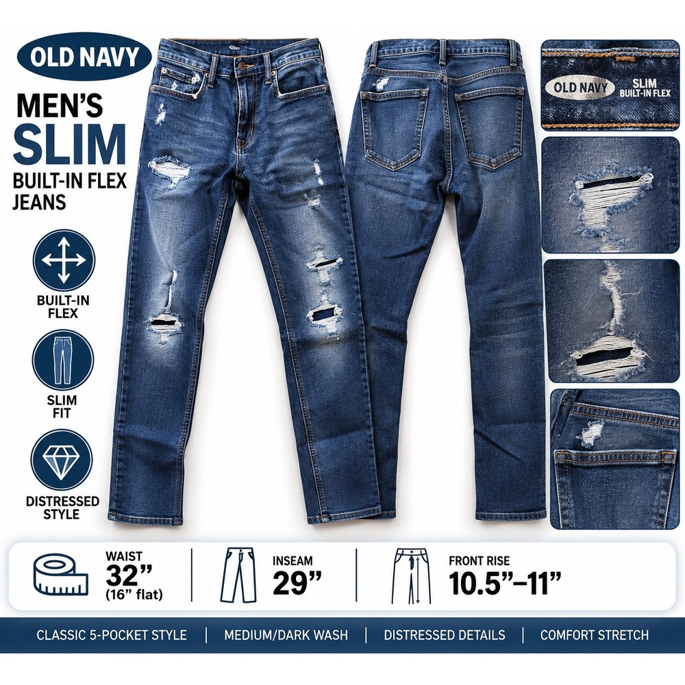 Old Navy Mens Slim Built-In Flex Distressed Jeans Blue 32x29 Medium Dark Wash